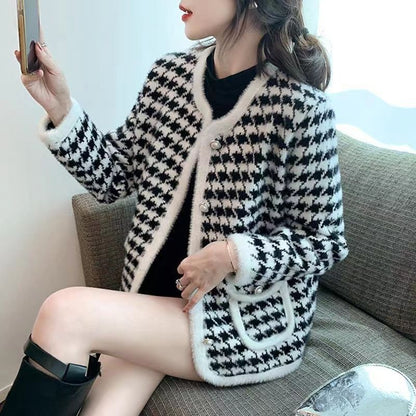 New Plaid Mink Velvet Coat Loose Flattering Knit Cardigan Sweater