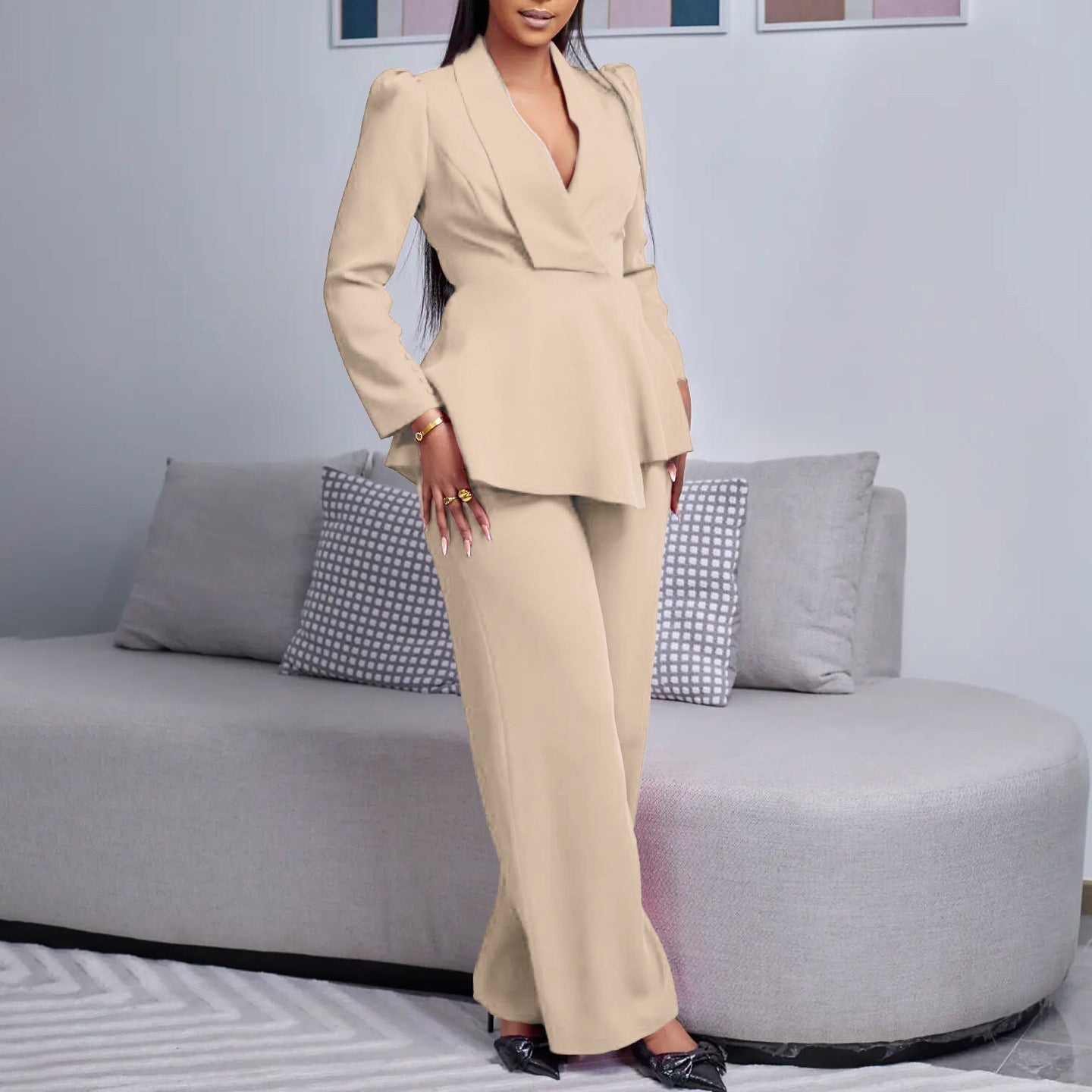 Ruffled Long-sleeved Top Wide-leg Pants Suit