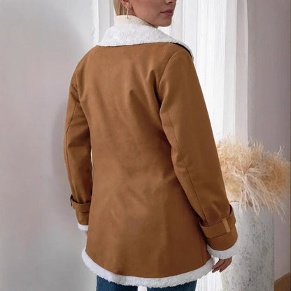 New Women's Suede Lapel Mid-length Woolen Casual Warm Jacket