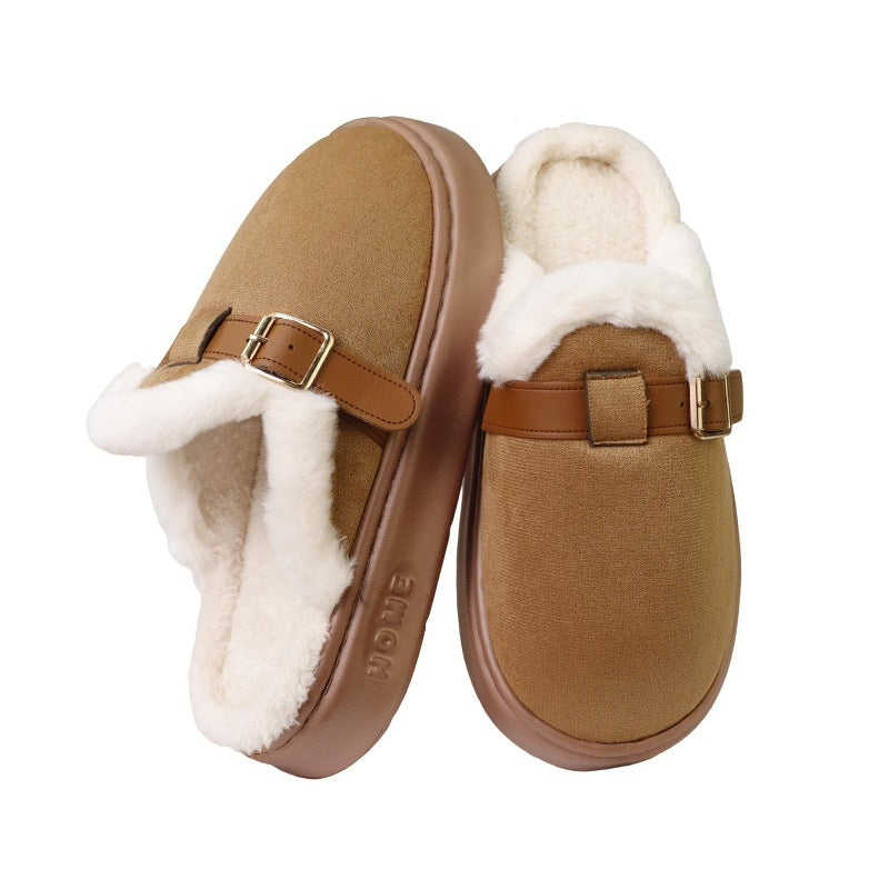 Womens AutumnWinter Indoor Plush Thick-Soled Warm Anti-Slip Cotton Slippers