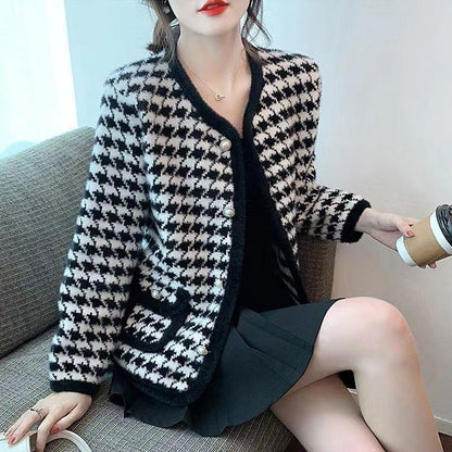 New Plaid Mink Velvet Coat Loose Flattering Knit Cardigan Sweater