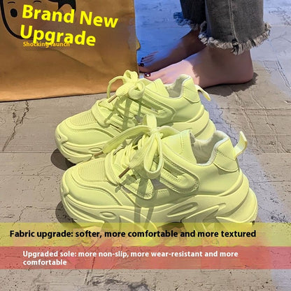 Height Increasing Thick Bottom Women's Sports Casual Shoes Product information: Pattern: solid color Applicable sports: Universal Lining material: imitation leather Color: beige [upgrade solid soft bottom], fluorescent green [upgrade solid soft bottom], R