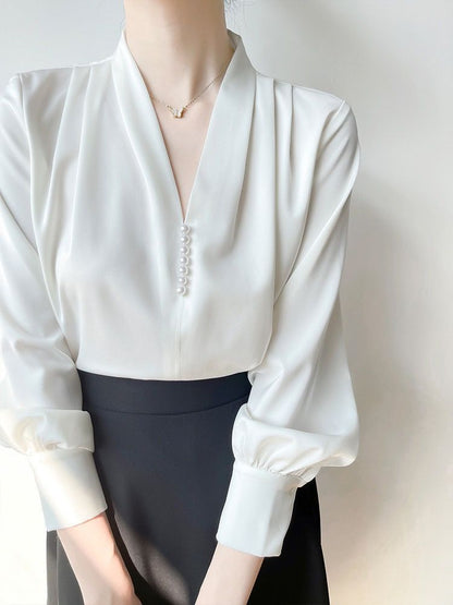Women's Polyester V-neck Chiffon Long-sleeved Shirt