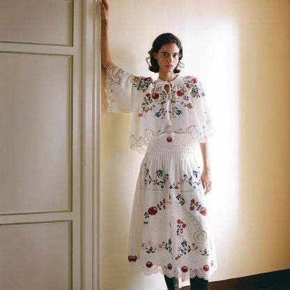 Embroidered Floral Hollow Out Tied Loose Round Neck Puff Sleeve Top