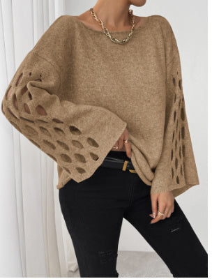 Women's Solid Color Round Neck Long Sleeve Hollow Sweater