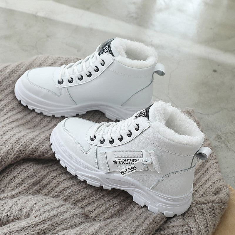 Korean Style Student All-matching Warm High-top Martin Boots Product information: Pattern: solid color Lining material: artificial velboa Applicable sports: Universal Color: white, black, khaki Upper height: tall crown Heel height: flat heel Heel shape: f