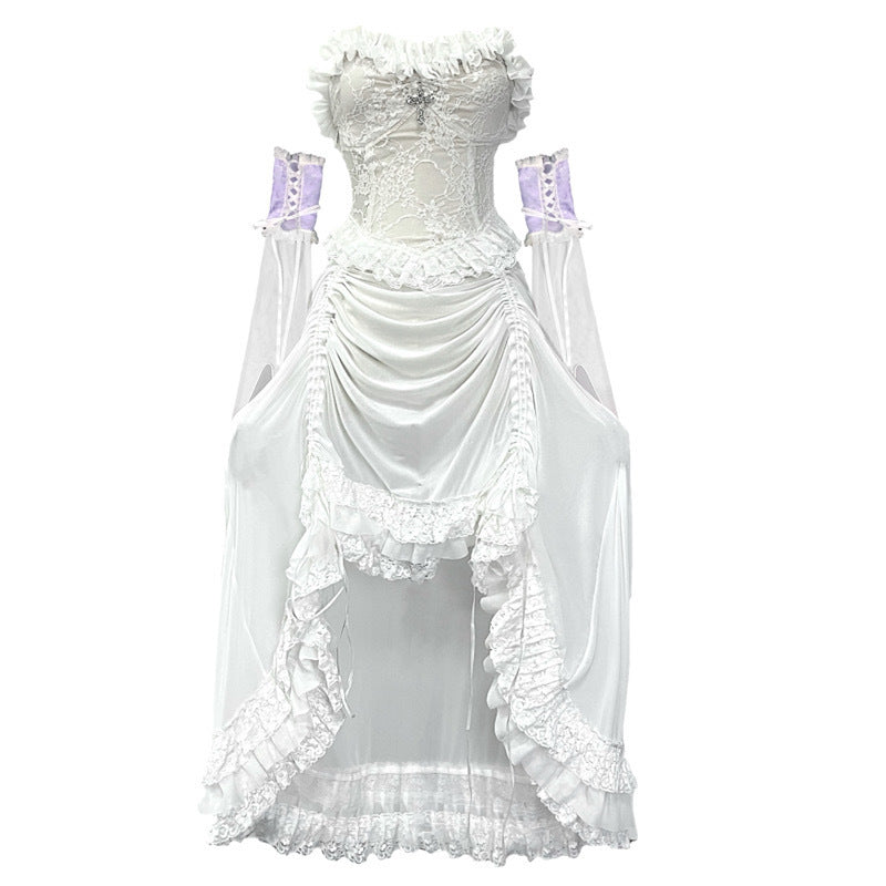 God's Redemption Chinese Style White Gothic Drawstring Mesh Dark Strap Dress Summer