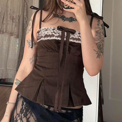 Girly Style Lace With Bow Splicing Sling Sweet Contrast Color