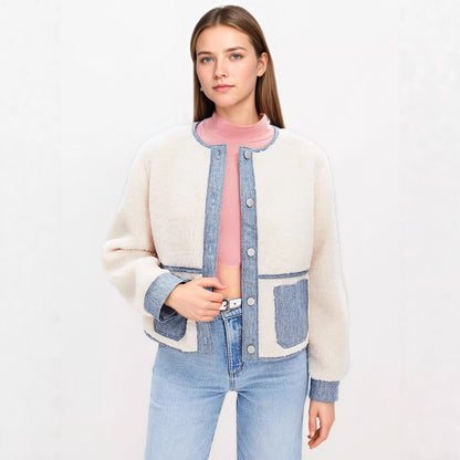 Fashion Design Color Contrast Color Patchwork Round Neck Coat