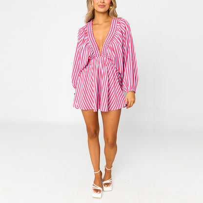 Shirt Slimming Casual Loose Deep V Wide Leg Short Jumpsuit