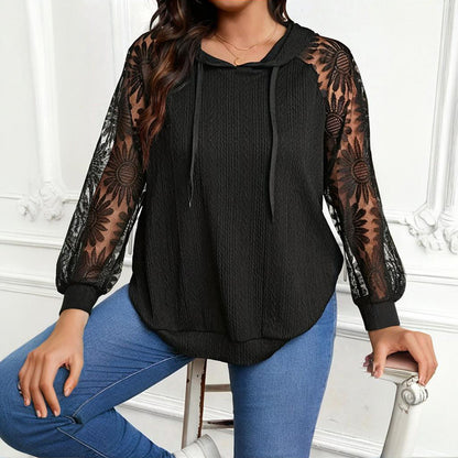 Women's Plus Size Hoodie Lace Long Sleeve Pullover Top, Fall Casual Drawstring Sweatshirt