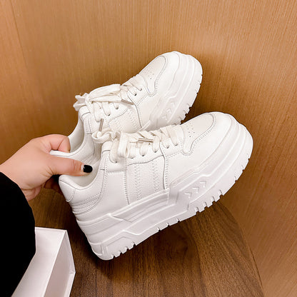 Platform Height Increasing Casual Lace Up Sports Board Shoes Product information: Color: White Upper height: low top (0-3cm) Heel height: high heels (6-8CM) Heel shape: flat heel Size: 35, 36, 37, 38, 39, 40 Shoe Upper material: Cowhide Applicable Gender: