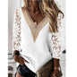 Commuter Nine-quarter Sleeve V-neck Stitching Hollow Lace Chiffon Shirt Pullover