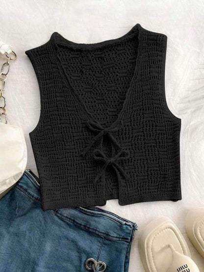 Women's Solid Color Tie Front Sweater Vest Casual Crochet