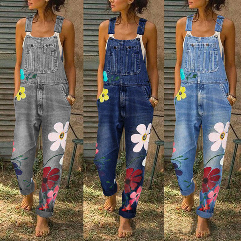 Women's Classic Denim Overalls - High-Waisted Loose Fit Straight Leg Jumpsuit With Unique Print Design