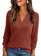 Women's V-neck Sunken Stripe Brushed Solid Color Top