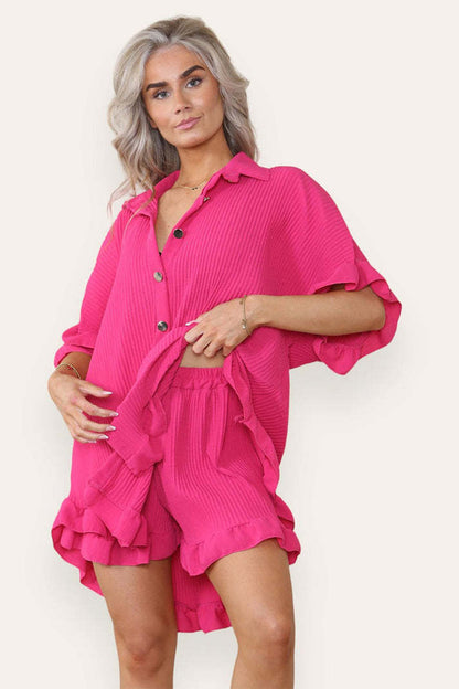Women Casual Oversized Gold Button Pleated Frilled Ruffle Short Sleeves Shirt Top And Short Co Ord Set
