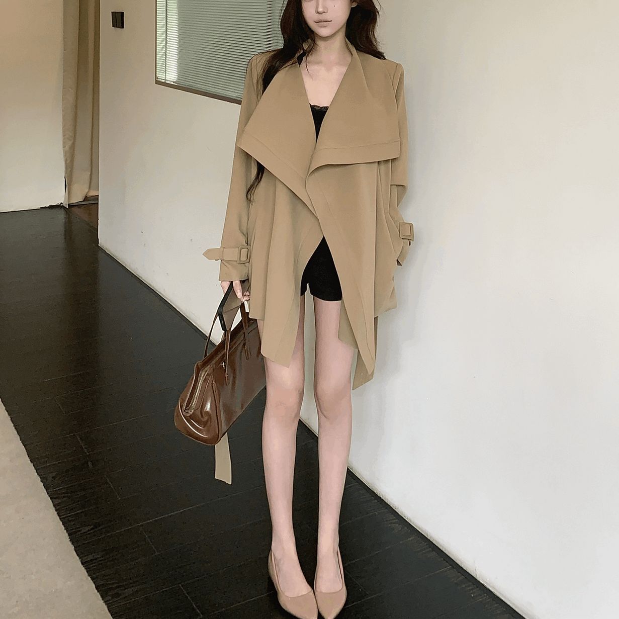 Korean Style New High-grade Temperament Lotus Leaf Collar Long Sleeve Trench Coat