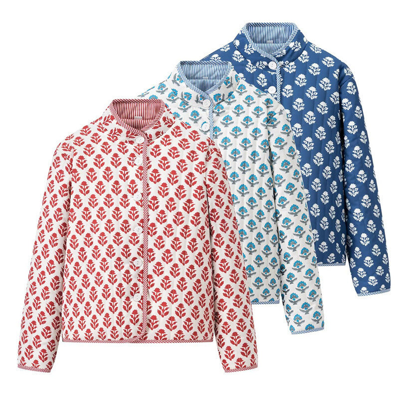 Women's Stand Collar Printed Reversible Cotton Coat Coat