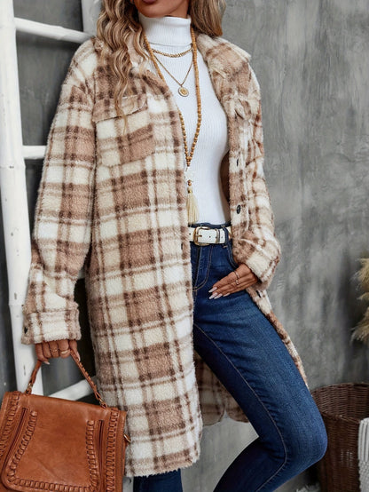 Women's Printed Plaid Long Double-sided Plush Patch Pocket Button Coat