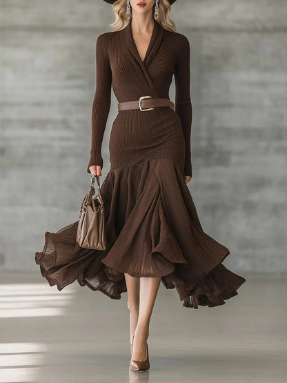 Stitching V-neck Long-sleeve Dress Long Skirt Large Swing Skirt