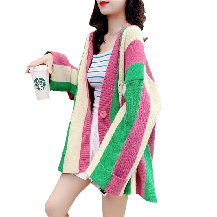 Striped Color Stitching Knitted Cardigan Sweater Coat For Women