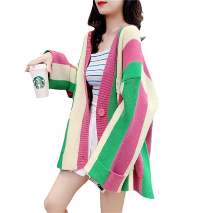 Striped Color Stitching Knitted Cardigan Sweater Coat For Women