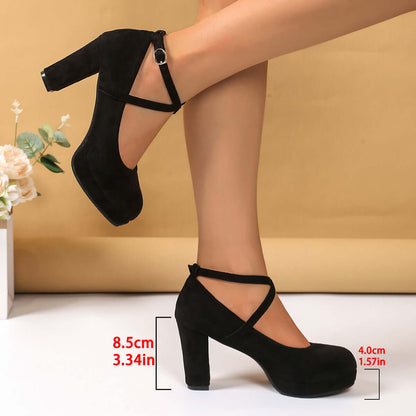 Shallow High-heel Chunky Heel Suede Cross-strap Women's Shoes Product information: Pattern: solid color Lining material: cloth Applicable sports: Universal Color: Black, apricot, pink Upper height: low top Heel height: high heels [6-8cm (inclusive)] Heel