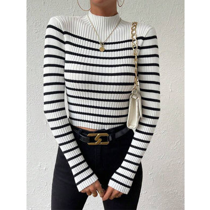 Fashion Long Sleeve Sunken Stripe Turtleneck Casual Slim Striped Sweater