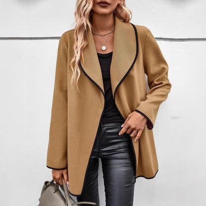 Fashionable All-match Long Sleeve Solid Color Woolen Coat