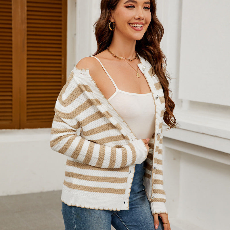 Women's Striped Sweater Button Knitted Cardigan