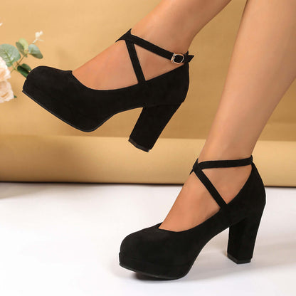 Shallow High-heel Chunky Heel Suede Cross-strap Women's Shoes Product information: Pattern: solid color Lining material: cloth Applicable sports: Universal Color: Black, apricot, pink Upper height: low top Heel height: high heels [6-8cm (inclusive)] Heel