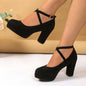 Shallow High-heel Chunky Heel Suede Cross-strap Women's Shoes Product information: Pattern: solid color Lining material: cloth Applicable sports: Universal Color: Black, apricot, pink Upper height: low top Heel height: high heels [6-8cm (inclusive)] Heel