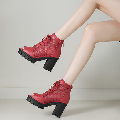 Womens Plus Size Mesh Peep Toe Chunky Heel Sandals With Thick Soles And High Heels