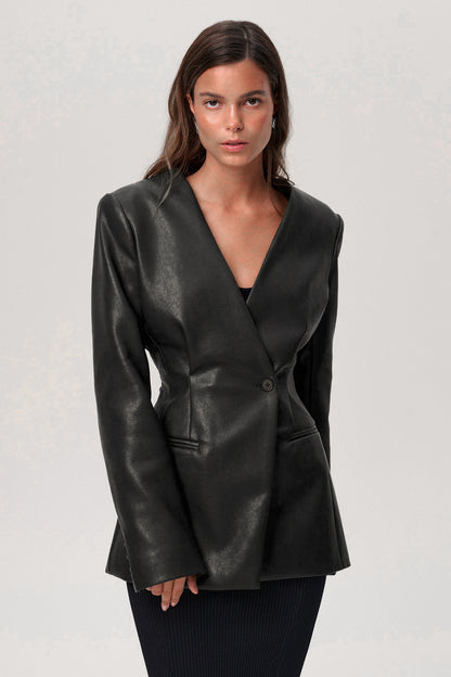 Fashionable Elegant Green V-neck Slim Suit Leather Coat