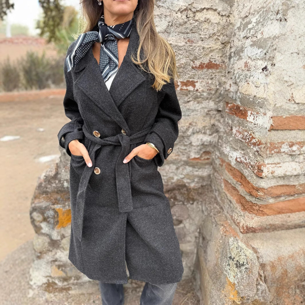 Autumn And Winter Lacing Cardigan Casual Long Sleeve Lapel Woolen Pocket Coat Women