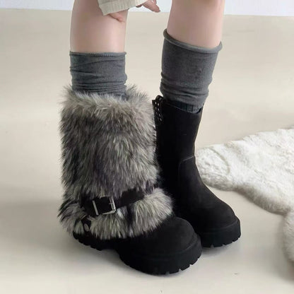 Winter Warm Furry Anti-slip Snow Boots For Women Winter Warm Furry Anti-slip Snow Boots For Women Product information: Pattern: Color block splicing Inner material: Artificial short plush Color: Beige, brown, gray Shaft height: Mid-calf Processing method: