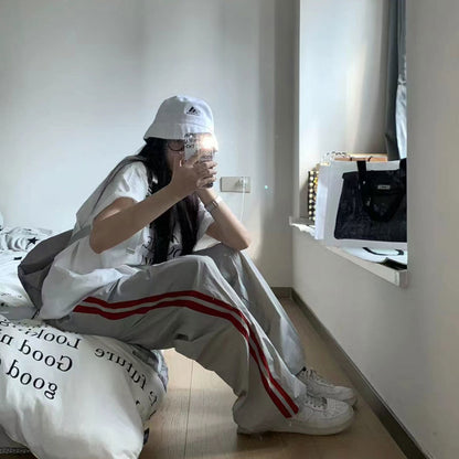 American Striped Sports Pants Female Spring And Autumn Loose Wide Leg Leisure