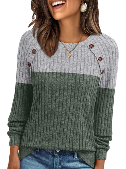 Women's Round-neck Sunken Stripe Brushed Solid Color Top Long Sleeve