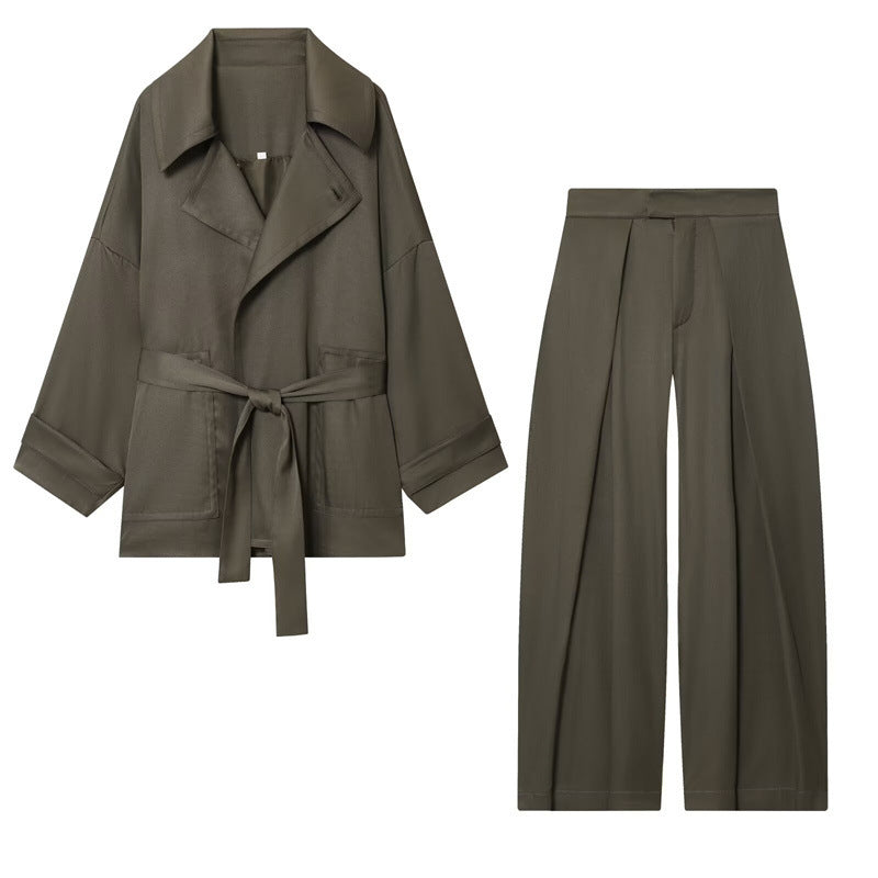 Women's Belt Coat Pleated Trousers