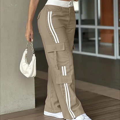 Women's Striped Straight Leg Pants Button Zip With Pocket Casual Trousers For Spring And Fall