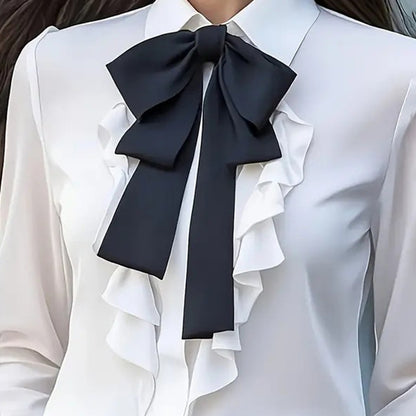 Women's Elegant Ruffle Trim Blouse With Black Bow Tie, Long Sleeve Office Shirt For Spring & Fall