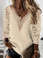 Commuter Nine-quarter Sleeve V-neck Stitching Hollow Lace Chiffon Shirt Pullover