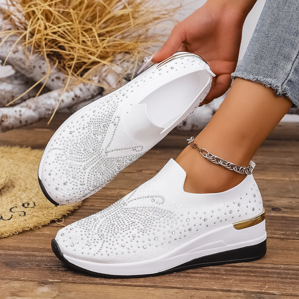 Pumps Women's Summer Wedge Round Toe Rhinestone Slip-on Women's Pumps Pumps Product information: Color: Black, milky white, pink, Rose Red, White Upper height: low top Heel height: low heel (1-3CM) Heel shape: Wedge Size: 36, 37, 38, 39, 40, 41, 42, 43 So