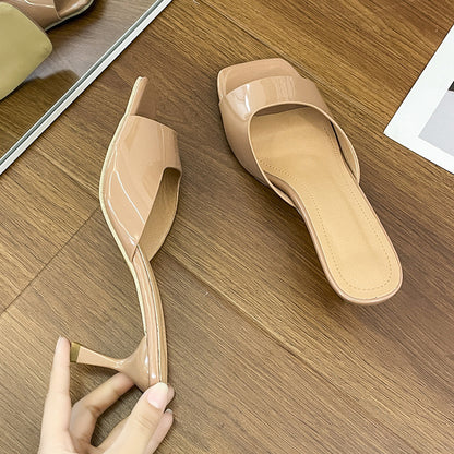 Womens Open-toe Square-toe Slippers With A Thin Heel For Outdoor Wear