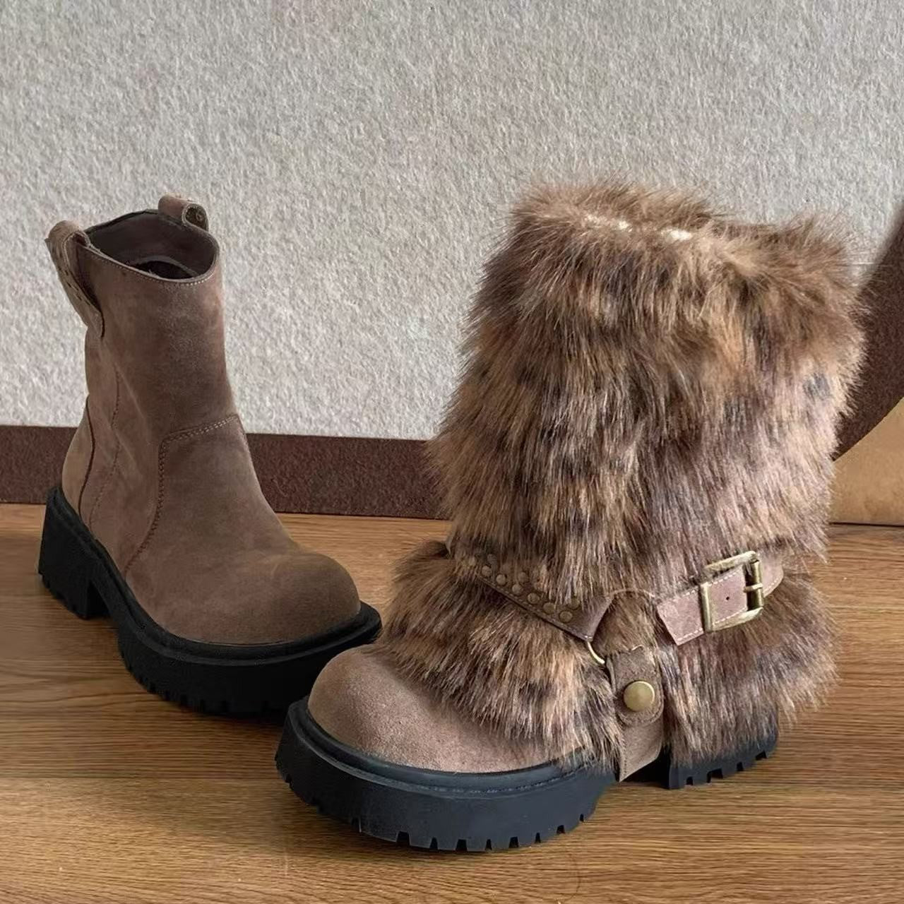 Winter Warm Furry Anti-slip Snow Boots For Women Winter Warm Furry Anti-slip Snow Boots For Women Product information: Pattern: Color block splicing Inner material: Artificial short plush Color: Beige, brown, gray Shaft height: Mid-calf Processing method: