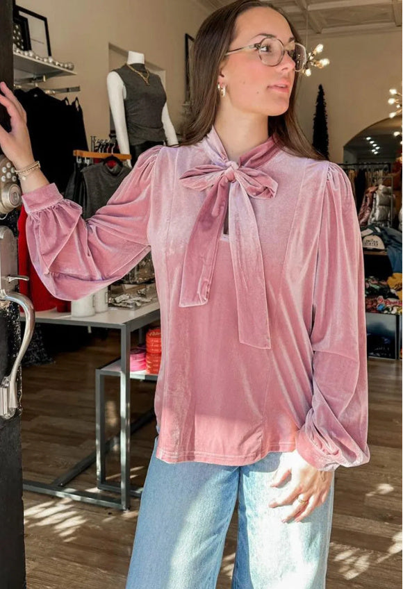 Fushia Solid Color Velvet Ribbon Bow Knot Long Sleeve Blouse