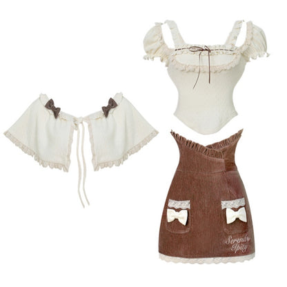 Apricot Knitted Top Brown Hip Skirt Shawl