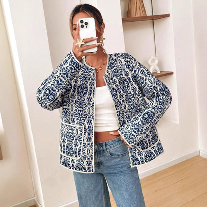 Simple Zip Long Sleeve Coat Women's Printed Wear