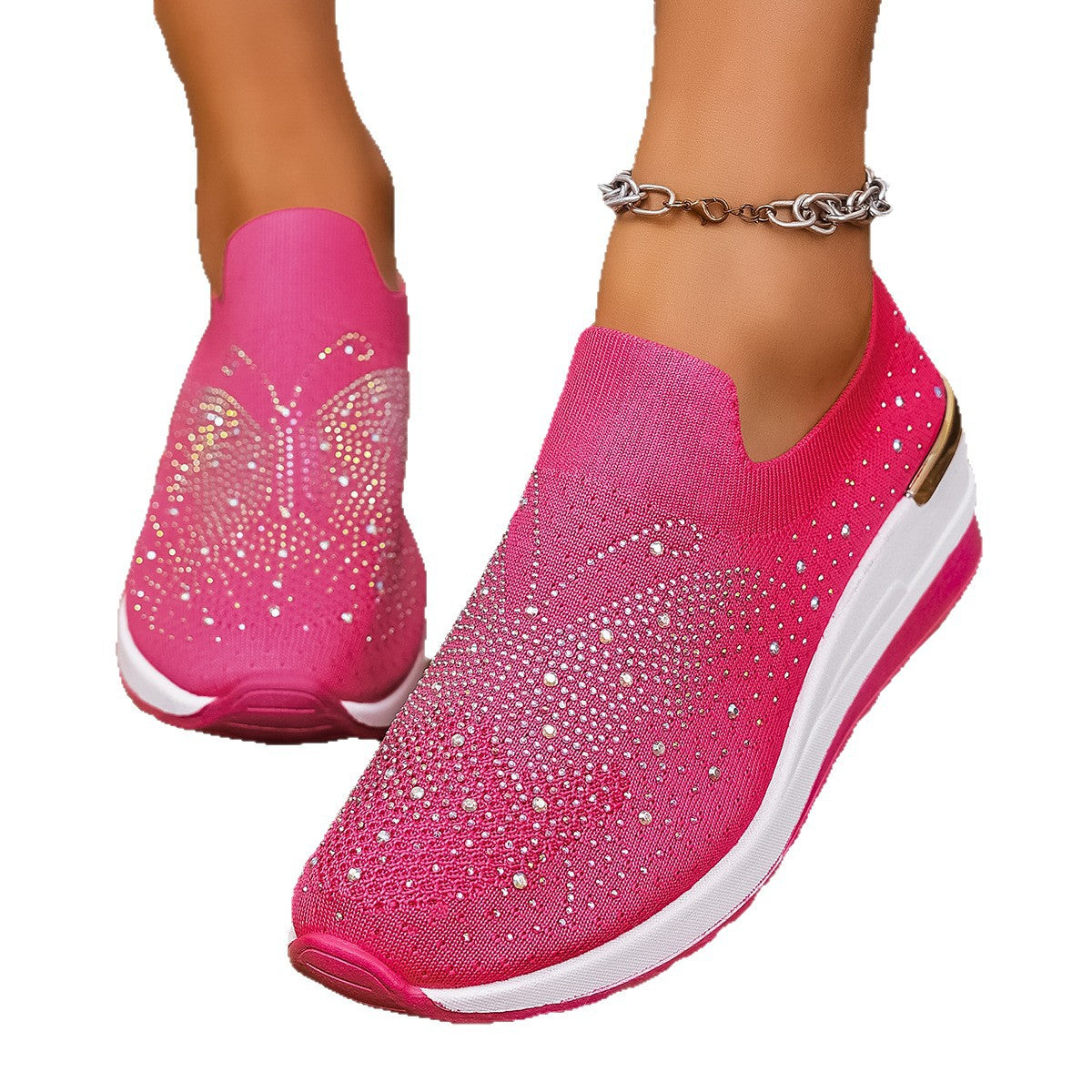 Pumps Women's Summer Wedge Round Toe Rhinestone Slip-on Women's Pumps Pumps Product information: Color: Black, milky white, pink, Rose Red, White Upper height: low top Heel height: low heel (1-3CM) Heel shape: Wedge Size: 36, 37, 38, 39, 40, 41, 42, 43 So